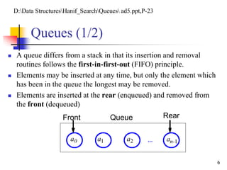 6
Queues (1/2)
 A queue differs from a stack in that its insertion and removal
routines follows the first-in-first-out (FIFO) principle.
 Elements may be inserted at any time, but only the element which
has been in the queue the longest may be removed.
 Elements are inserted at the rear (enqueued) and removed from
the front (dequeued)
Front RearQueue
D:Data StructuresHanif_SearchQueues ad5.ppt,P-23
 