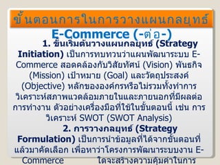 1.   ขั้นเริ่มต้นวางแผนกลยุทธ์  ( Strategy Initiation )  เป็นการทบทวนว่าแผนพัฒนาระบบ  E-Commerce   สอดคล้องกับวิสัยทัศน์  ( Vision )  พันธกิจ  ( Mission )  เป้าหมาย  ( Goal )  และวัตถุประสงค์  ( Objective )  หลักขององค์กรหรือไม่รวมทั้งทำการวิเคราะห์สภาพแวดล้อมภายในและภายนอกที่มีผลต่อการทำงาน ตัวอย่างเครื่องมือที่ใช้ในขั้นตอนนี้ เช่น การวิเคราะห์  SWOT  ( SWOT Analysis ) 2.   การวางกลยุทธ์  ( Strategy Formulation )  เป็นการนำข้อมูลที่ได้จากขั้นตอนที่แล้วมาคัดเลือก เพื่อหาว่าโครงการพัฒนาระบบงาน   E-Commerce  ใดจะสร้างความคุ้มค่าในการลงทุนมากที่สุด ซึ่งวิธีคัดเลือกอาจทำได้หลายลักษณะ เช่น การใช้แบบจำลอง  BGG Matrix   การวิเคราะห์จุดคุ้มทุน และการกำหนดปัจจัยสู่ความสำเร็จ  ( Critical Success Factor : CSFs )  เป็นต้น ขั้นตอนการในการวางแผนกลยุทธ์  E-Commerce  ( - ต่อ - ) 