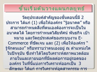 ขั้นเริ่มต้นวางแผนกลยุทธ์ วัตถุประสงค์สำคัญของขั้นตอนนี้มี  2   ประการ ได้แก่  ( 1 )  เพื่อให้องค์กร “รู้อนาคต” หรือสามารถกำหนดสิ่งที่ตนเองต้องการจะเป็นในอนาคตได้ โดยการกำหนดวิสัยทัศน์ พันธกิจ เป้าหมาย และวัตถุประสงค์ของระบบงาน  E-Commerce   ที่ชัดเจน และ  ( 2 )  เพื่อให้องค์กร “รู้จักตนเอง” หรือทราบว่าตนเองอยู่ ณ ตำแหน่งใดในปัจจุบัน ซึ่งทำได้โดยวิเคราะห์สภาพแวดล้อมภายในและภายนอกที่มีผลต่อการอยู่รอดขององค์กร ในที่นี้แบ่งการวิเคราะห์ออกเป็น  3 ลักษณะ ได้แก่ การวิเคราะห์อุตสาหกรรม การวิเคราะห์องค์กร และการวิเคราะห์เชิงการแข่งขัน 