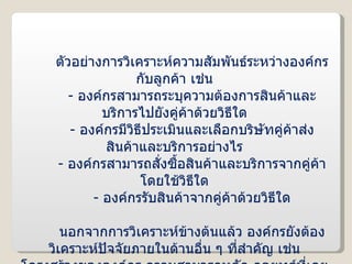 ตัวอย่างการวิเคราะห์ความสัมพันธ์ระหว่างองค์กรกับลูกค้า เช่น -   องค์กรสามารถระบุความต้องการสินค้าและบริการไปยังคู่ค้าด้วยวิธีใด -   องค์กรมีวิธีประเมินและเลือกบริษัทคู่ค้าส่งสินค้าและบริการอย่างไร -   องค์กรสามารถสั่งซื้อสินค้าและบริการจากคู่ค้าโดยใช้วิธีใด -   องค์กรรับสินค้าจากคู่ค้าด้วยวิธีใด นอกจากการวิเคราะห์ข้างต้นแล้ว องค์กรยังต้องวิเคราะห์ปัจจัยภายในด้านอื่น ๆ ที่สำคัญ เช่น โครงสร้างขององค์กร ความสามารถหลัก กลยุทธ์ที่เคยใช้ ทักษะของบุคลากร รูปแบบการดำเนินงาน และหน้าที่งานของแต่ละแผนก เป็นต้น 