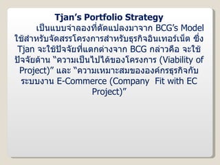 Tjan’s Portfolio Strategy เป็นแบบจำลองที่ดัดแปลงมาจาก  BCG’s Model   ใช้สำหรับจัดสรรโครงการสำหรับธุรกิจอินเทอร์เน็ต ซึ่ง  Tjan  จะใช้ปัจจัยที่แตกต่างจาก  BCG   กล่าวคือ จะใช้ปัจจัยด้าน “ความเป็นไปได้ของโครงการ  ( Viability of Project )”  และ “ความเหมาะสมขององค์กรธุรกิจกับระบบงาน  E-Commerce  ( Company  Fit with EC Project )” 