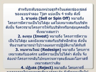 สำหรับระดับของหน่วยธุรกิจในแต่ละช่องเซลล์ของแบบจำลอง  Tjan  แบ่งเป็น  4  ระดับ ดังนี้ 1.  ขายต่อ  ( Sell or Spin Off )   หมายถึง โครงการมีความเป็นไปได้สูง แต่ไม่เหมาะสมกับบริษัท ดังนั้น จึงควรขายโครงการให้กับบริษัทหรือกลุ่มบุคคลอื่นที่เหมาะสมกว่า 2.  ลงทุน  ( Invest )  หมายถึง โครงการมีความเป็นไปได้สูง และยังเหมาะสมกับบริษัทอีกด้วย ดังนั้น ทีมงานสามารถนำไปวางแผนการปฏิบัติงานได้ทันที 3.  ทบทวนใหม่  ( Redesign )  หมายถึง โครงการเหมาะสมกับองค์กร แต่มีความเป็นไปได้ต่ำ ดังนั้น จึงต้องนำโครงการกลับไปทบทวนหาจุดแข็งและโอกาสที่เหมาะสมกว่าเดิม 4.  ปฏิเสธ  ( Reject )  หมายถึง โครงการที่นอกจากจะไม่เหมาะสมกับองค์กรแล้ว ยังมีความเป็นไปได้ต่ำด้วย ดังนั้น จึงควรปฏิเสธการลงทุนในโครงการนี้ 