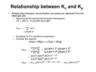 . .
Relationship between Kc and Kp
• Relationship between concentration and pressure obtained from the
ideal gas law.
– Assuming all the species behaving like ideal gasses
– PV = nRT or P=(n/V)RT=[Conc]RT
– Substitute for P in equilibrium expression.
– Consider the reaction:
aA(g) + bB(g)  cC(g) + dD(g)
RT
]
A
[
RT
V
n
P A
A


   
   
 
 
    n
c
)
b
a
(
)
d
c
(
c
P
b
a
b
a
d
c
d
c
b
a
d
c
b
B
a
A
d
D
c
C
P
RT
K
RT
K
K
RT
]
B
[
]
A
[
RT
]
D
[
]
C
[
RT
]
B
[
RT
]
A
[
RT
]
D
[
RT
]
C
[
P
P
P
P
K











 