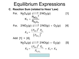Copyright McGraw-Hill 2009
Equilibrium Expressions
C. Reaction Sum (related to Hess’ Law)
[1]
)
(
NO
2
)
(
O
N 2
4
2 g
g 



For,
For, [4]
)
(
O
)
NO(
2
)
(
NO
2 2
2 g
g
g 




 
 
2
2
NO O
NO
P P
K
P

2
4 2
Add [1] + [4],
[5]
)
(
O
)
NO(
2
)
(
O
N 2
4
2 g
g
g 




  2
2 4
NO O
N O
P P
K
P

2
5
4
2
2
O
N
NO
1
P
P
K
2

K K
 
1 4
 
