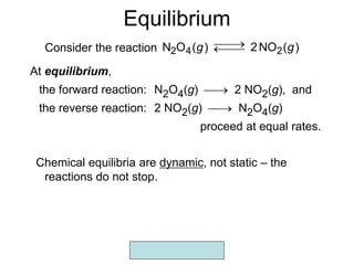 Copyright McGraw-Hill 2009
Equilibrium
)
(
NO
2
)
(
O
N 2
4
2 g
g 



Consider the reaction
At equilibrium,
the forward reaction: N2O4(g)  2 NO2(g), and
the reverse reaction: 2 NO2(g)  N2O4(g)
proceed at equal rates.
Chemical equilibria are dynamic, not static – the
reactions do not stop.
 