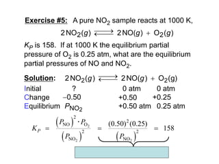 Copyright McGraw-Hill 2009
Exercise #5: A pure NO2 sample reacts at 1000 K,
KP is 158. If at 1000 K the equilibrium partial
pressure of O2 is 0.25 atm, what are the equilibrium
partial pressures of NO and NO2.
)
(
O
)
NO(
2
)
(
NO
2 2
2 g
g
g 




Solution: )
g
(
O
)
NO(
2
)
(
NO
2 2
2 



 g
g
Initial ? 0 atm 0 atm
Change
Equilibrium 0.25 atm
+0.25
+0.50
+0.50 atm
0.50
 
   
2
2 2
2
2
NO O
2 2
NO NO
(0.50) (0.25)
158
P
P P
K
P P
  

rearrange and solve
PNO2
 