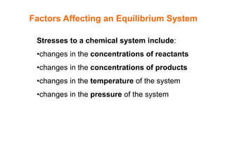 Stresses to a chemical system include:
•changes in the concentrations of reactants
•changes in the concentrations of products
•changes in the temperature of the system
•changes in the pressure of the system
Factors Affecting an Equilibrium System
 
