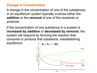 Change in Concentration
A change in the concentration of one of the substances
in an equilibrium system typically involves either the
addition or the removal of one of the reactants or
products.
If the concentration of one substance in a system is
increased by addition or decreased by removal, the
system will respond by favoring the reaction that
consume or produce that substance, reestablishing
equilibrium.
 