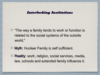 Interlocking InstitutionsInterlocking Institutions
““The way a family tends to work or function isThe way a family tends to work or function is
related to the social systems of the outsiderelated to the social systems of the outside
world.”world.”
MythMyth: Nuclear Family is self sufficient.: Nuclear Family is self sufficient.
RealityReality: work, religion, social services, media,: work, religion, social services, media,
law, schools and extended family influence it.law, schools and extended family influence it.
 