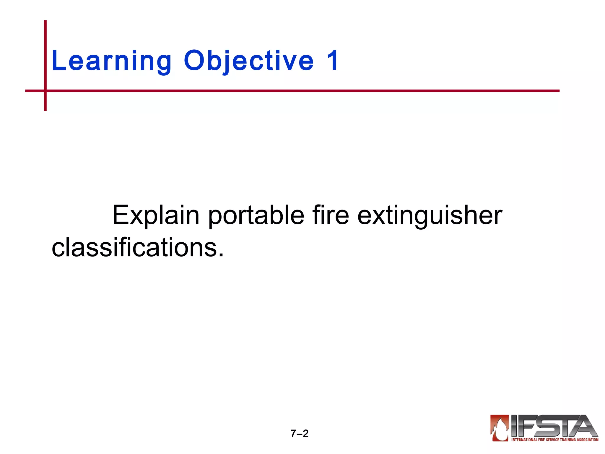 Explain portable fire extinguisher
classifications.
Learning Objective 1
7–2
 