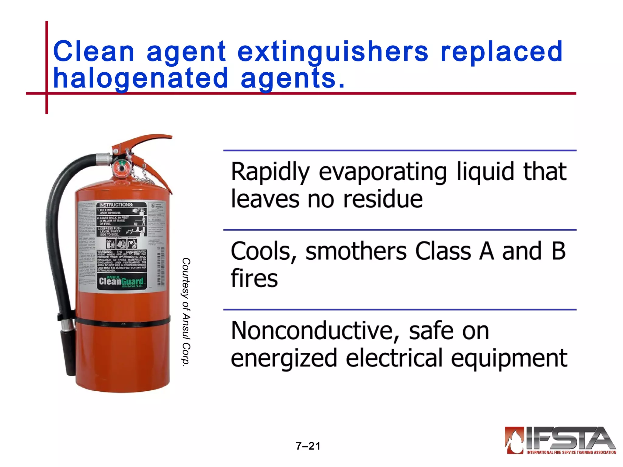 Clean agent extinguishers replaced
halogenated agents.
7–21
CourtesyofAnsulCorp.
 
