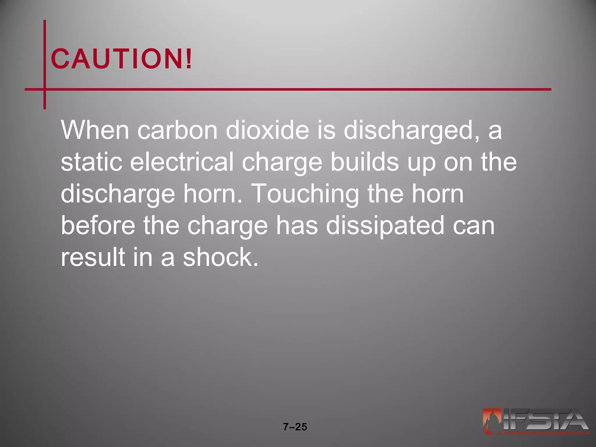 CAUTION!
When carbon dioxide is discharged, a
static electrical charge builds up on the
discharge horn. Touching the horn
before the charge has dissipated can
result in a shock.
7–25
 