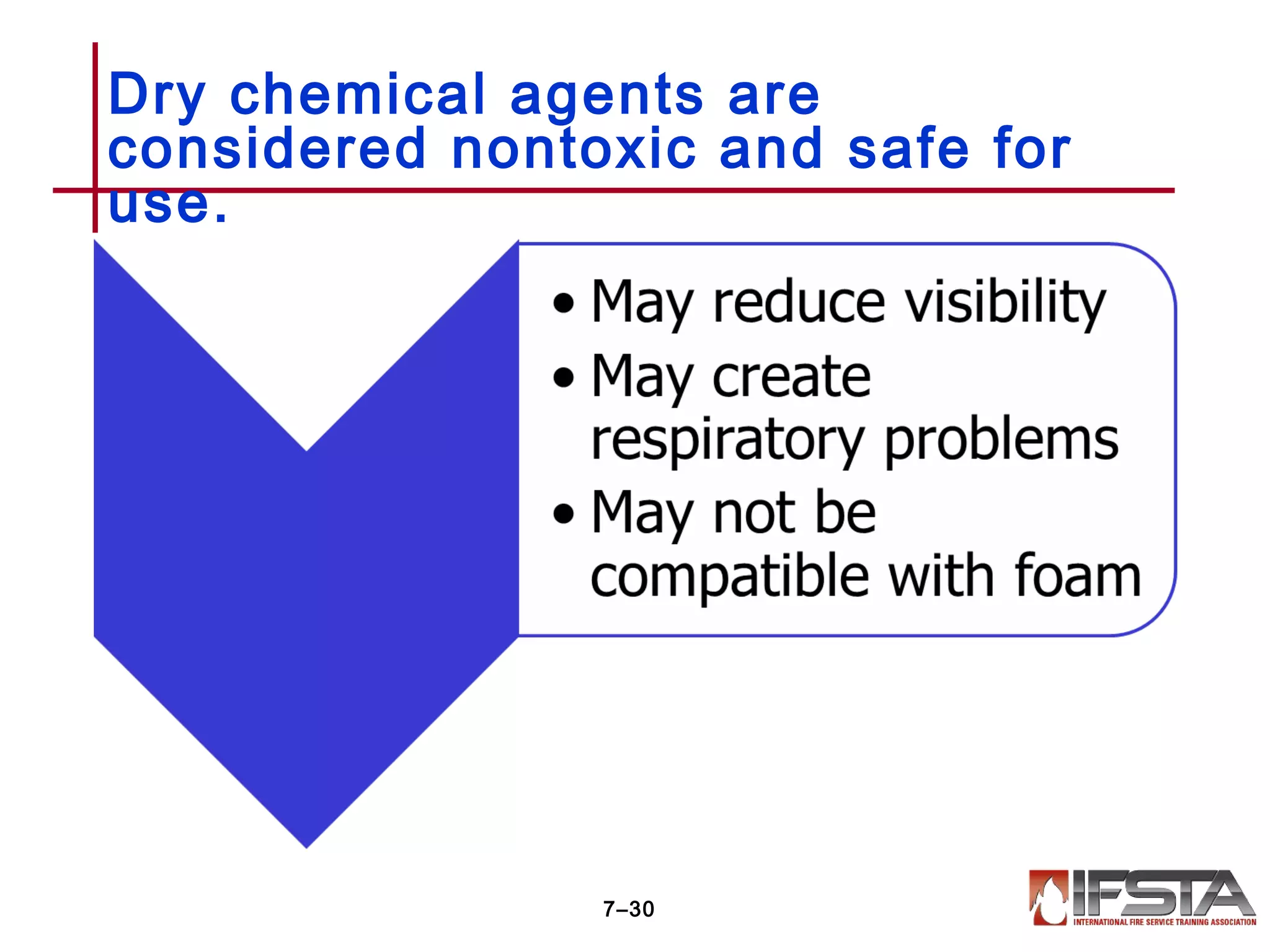 Dry chemical agents are
considered nontoxic and safe for
use.
7–30
 