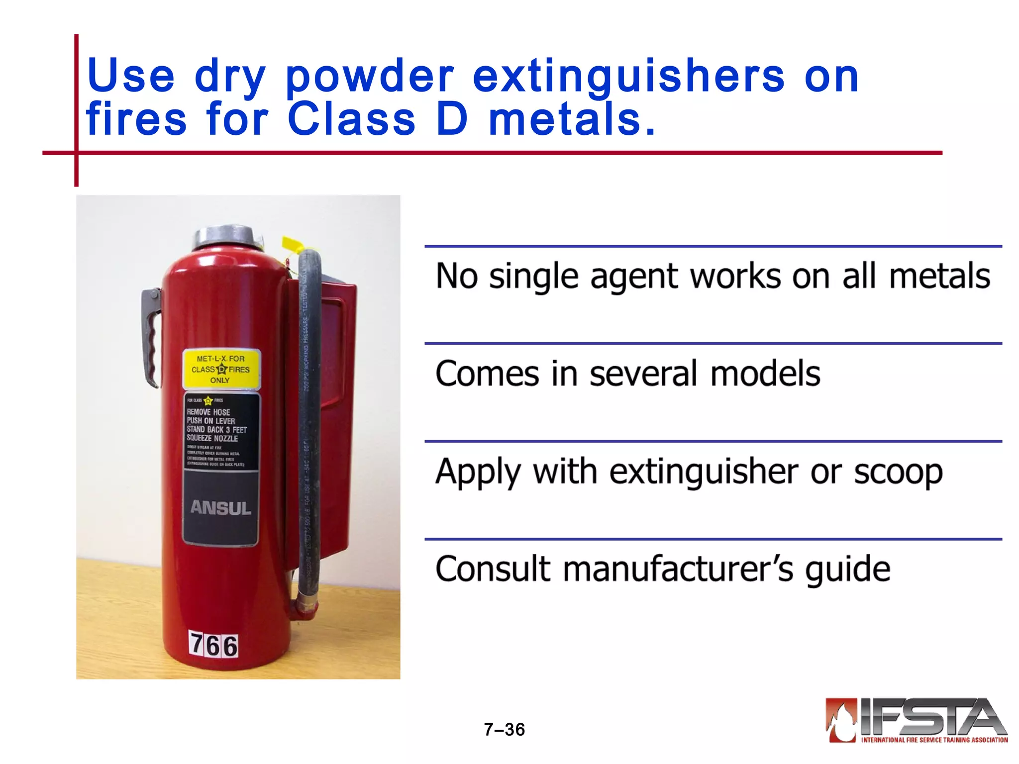 Use dry powder extinguishers on
fires for Class D metals.
7–36
 