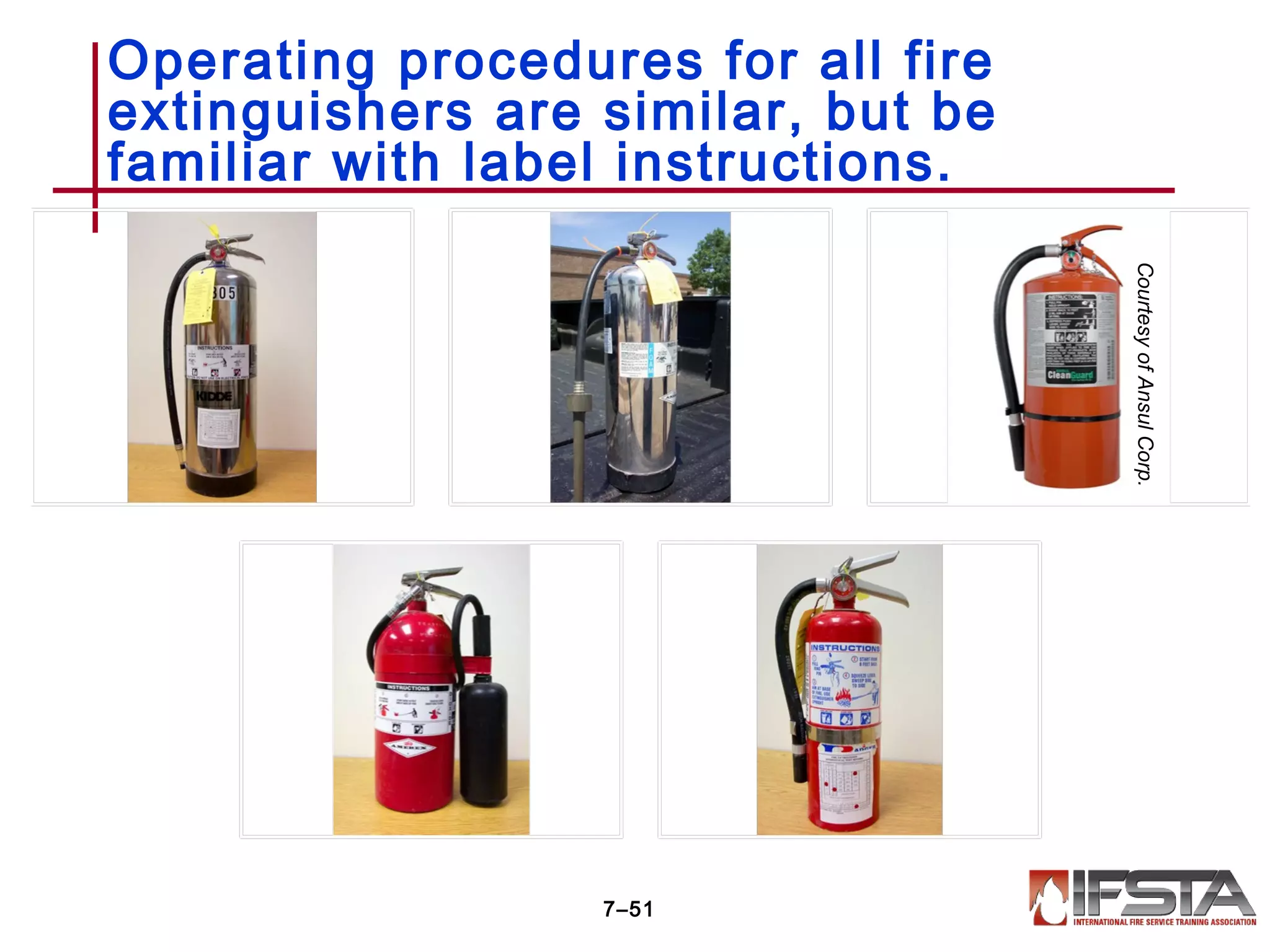 Operating procedures for all fire
extinguishers are similar, but be
familiar with label instructions.
7–51
CourtesyofAnsulCorp.
 