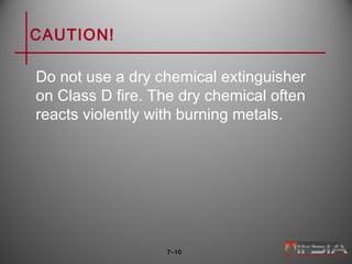 CAUTION!
Do not use a dry chemical extinguisher
on Class D fire. The dry chemical often
reacts violently with burning metals.
7–10
 
