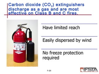 Carbon dioxide (CO2) extinguishers
discharge as a gas and are most
effective on Class B and C fires.
7–23
 