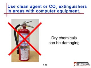 Use clean agent or CO2 extinguishers
in areas with computer equipment.
7–50
Dry chemicals
can be damaging
 