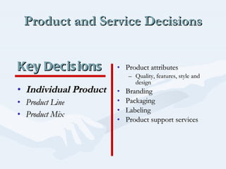 Product and Service Decisions ,[object Object],[object Object],[object Object],[object Object],[object Object],[object Object],[object Object],[object Object],[object Object],Key Decisions  