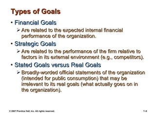 © 2007 Prentice Hall, Inc. All rights reserved. 7–9
Types of GoalsTypes of Goals
• Financial GoalsFinancial Goals
 Are related to the expected internal financialAre related to the expected internal financial
performance of the organization.performance of the organization.
• Strategic GoalsStrategic Goals
 Are related to the performance of the firm relative toAre related to the performance of the firm relative to
factors in its external environment (e.g., competitors).factors in its external environment (e.g., competitors).
• Stated Goals versus Real GoalsStated Goals versus Real Goals
 Broadly-worded official statements of the organizationBroadly-worded official statements of the organization
(intended for public consumption) that may be(intended for public consumption) that may be
irrelevant to its real goals (what actually goes on inirrelevant to its real goals (what actually goes on in
the organization).the organization).
 
