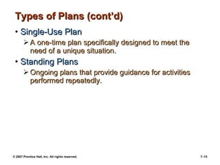 Types of Plans (cont’d) Single-Use Plan A one-time plan specifically designed to meet the need of a unique situation. Standing Plans Ongoing plans that provide guidance for activities performed repeatedly. 