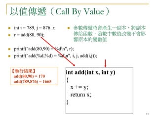 13
以值傳遞（Call By Value）
 int i = 789, j = 876 ,r;
 r = add(80, 90);
 printf("add(80,90) = %dn", r);
 printf("add(%d,%d) = %dn", i, j, add(i,j));
int add(int x, int y)
{
x += y;
return x;
}
【執行結果】
add(80,90) = 170
add(789,876) = 1665
 參數傳遞時會產生一副本，將副本
傳給函數，函數中數值改變不會影
響原本的變數值
 