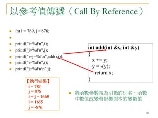 20
以參考值傳遞（Call By Reference）
 int i = 789, j = 876;

 printf("i=%dn",i);
 printf("j=%dn",j);
 printf("i+j=%dn",add(i,j));
 printf("i=%dn",i);
 printf("j=%dnn",j);
int add(int &x, int &y)
{
x += y;
y = -(y);
return x;
}【執行結果】
i = 789
j = 876
i + j = 1665
i = 1665
j = -876
 將函數參數視為引數的別名，函數
中數值改變會影響原本的變數值
 