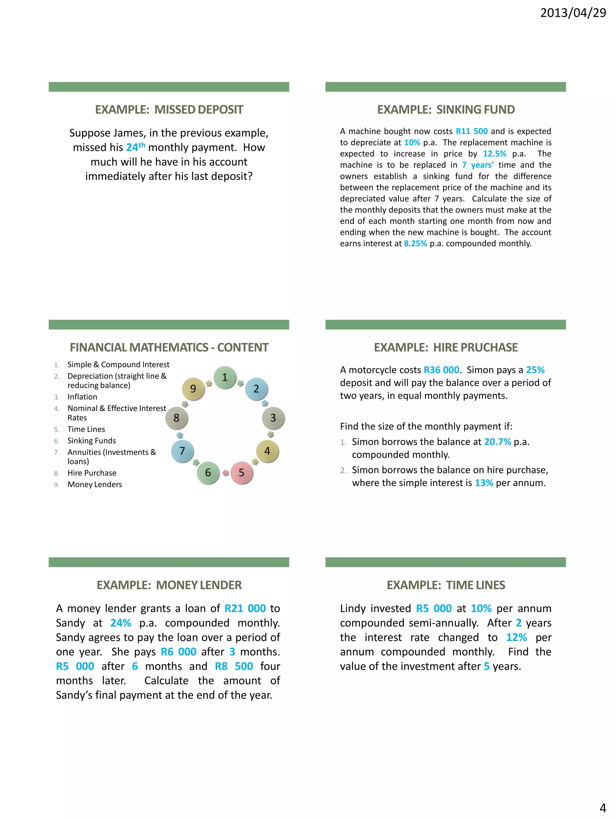 2013/04/29
4
EXAMPLE: MISSEDDEPOSIT
Suppose James, in the previous example,
missed his 24th monthly payment. How
much will he have in his account
immediately after his last deposit?
EXAMPLE: SINKINGFUND
A machine bought now costs R11 500 and is expected
to depreciate at 10% p.a. The replacement machine is
expected to increase in price by 12.5% p.a. The
machine is to be replaced in 7 years’ time and the
owners establish a sinking fund for the difference
between the replacement price of the machine and its
depreciated value after 7 years. Calculate the size of
the monthly deposits that the owners must make at the
end of each month starting one month from now and
ending when the new machine is bought. The account
earns interest at 8.25% p.a. compounded monthly.
FINANCIALMATHEMATICS - CONTENT
1. Simple & Compound Interest
2. Depreciation (straight line &
reducing balance)
3. Inflation
4. Nominal & Effective Interest
Rates
5. Time Lines
6. Sinking Funds
7. Annuities (Investments &
loans)
8. Hire Purchase
9. Money Lenders
1
2
3
4
56
7
8
9
EXAMPLE: HIRE PRUCHASE
A motorcycle costs R36 000. Simon pays a 25%
deposit and will pay the balance over a period of
two years, in equal monthly payments.
Find the size of the monthly payment if:
1. Simon borrows the balance at 20.7% p.a.
compounded monthly.
2. Simon borrows the balance on hire purchase,
where the simple interest is 13% per annum.
EXAMPLE: MONEYLENDER
A money lender grants a loan of R21 000 to
Sandy at 24% p.a. compounded monthly.
Sandy agrees to pay the loan over a period of
one year. She pays R6 000 after 3 months.
R5 000 after 6 months and R8 500 four
months later. Calculate the amount of
Sandy’s final payment at the end of the year.
EXAMPLE: TIMELINES
Lindy invested R5 000 at 10% per annum
compounded semi-annually. After 2 years
the interest rate changed to 12% per
annum compounded monthly. Find the
value of the investment after 5 years.
 