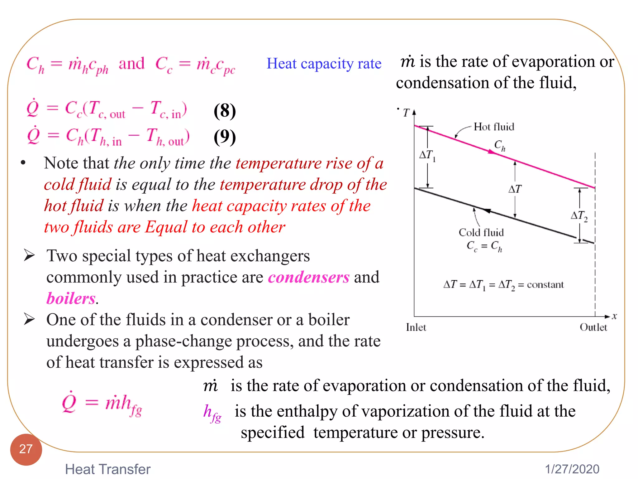 1/27/2020Heat Transfer
27
Heat capacity rate 𝑚 is the rate of evaporation or
condensation of the fluid,
.
• Note that the only time the temperature rise of a
cold fluid is equal to the temperature drop of the
hot fluid is when the heat capacity rates of the
two fluids are Equal to each other
 Two special types of heat exchangers
commonly used in practice are condensers and
boilers.
 One of the fluids in a condenser or a boiler
undergoes a phase-change process, and the rate
of heat transfer is expressed as
𝑚 is the rate of evaporation or condensation of the fluid,
hfg is the enthalpy of vaporization of the fluid at the
specified temperature or pressure.
(8)
(9)
 