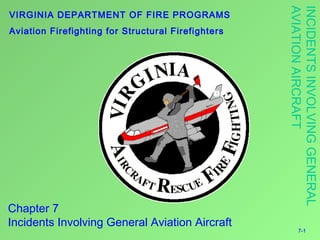 7-1
INCIDENTSINVOLVINGGENERAL
AVIATIONAIRCRAFT
Chapter 7
Incidents Involving General Aviation Aircraft
VIRGINIA DEPARTMENT OF FIRE PROGRAMS
Aviation Firefighting for Structural Firefighters
 