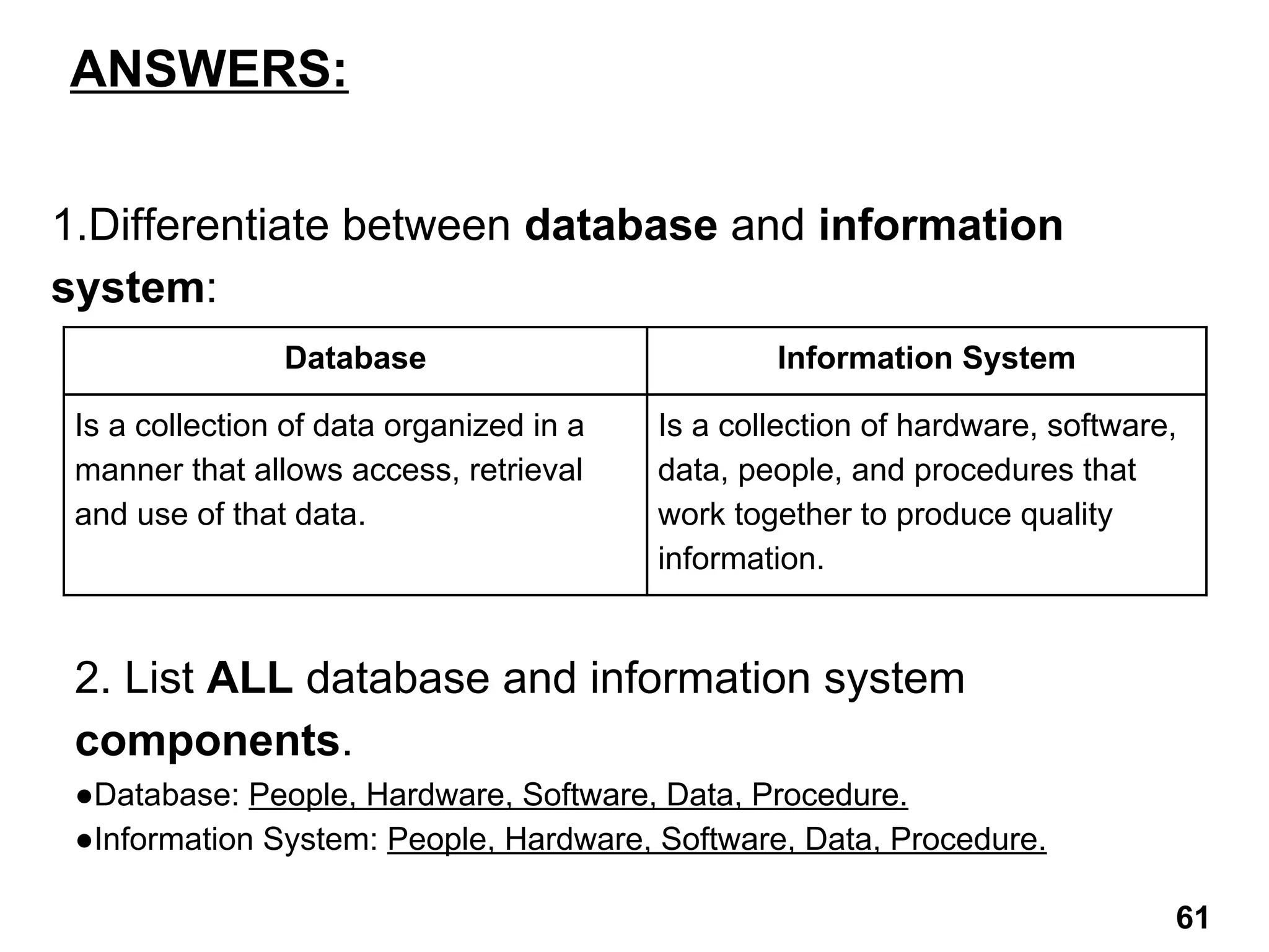 ANSWERS:
1.Differentiate between database and information
system:
Database Information System
Is a collection of data organized in a
manner that allows access, retrieval
and use of that data.
Is a collection of hardware, software,
data, people, and procedures that
work together to produce quality
information.
2. List ALL database and information system
components.
●Database: People, Hardware, Software, Data, Procedure.
●Information System: People, Hardware, Software, Data, Procedure.
61
 