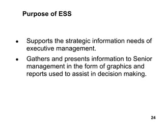 ● Supports the strategic information needs of
executive management.
● Gathers and presents information to Senior
management in the form of graphics and
reports used to assist in decision making.
Purpose of ESS
24 24
 