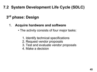 1. Acquire hardware and software
• The activity consists of four major tasks:
1. Identify technical specifications
2. Request vendor proposals
3. Test and evaluate vendor proposals
4. Make a decision
7.2 System Development Life Cycle (SDLC)
3rd
phase: Design
45
 