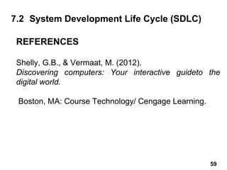 Shelly, G.B., & Vermaat, M. (2012).
Discovering computers: Your interactive guideto the
digital world.
Boston, MA: Course Technology/ Cengage Learning.
REFERENCES
7.2 System Development Life Cycle (SDLC)
59
 