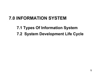 7.1 Types Of Information System
7.2 System Development Life Cycle
11
7.0 INFORMATION SYSTEM
1
 
