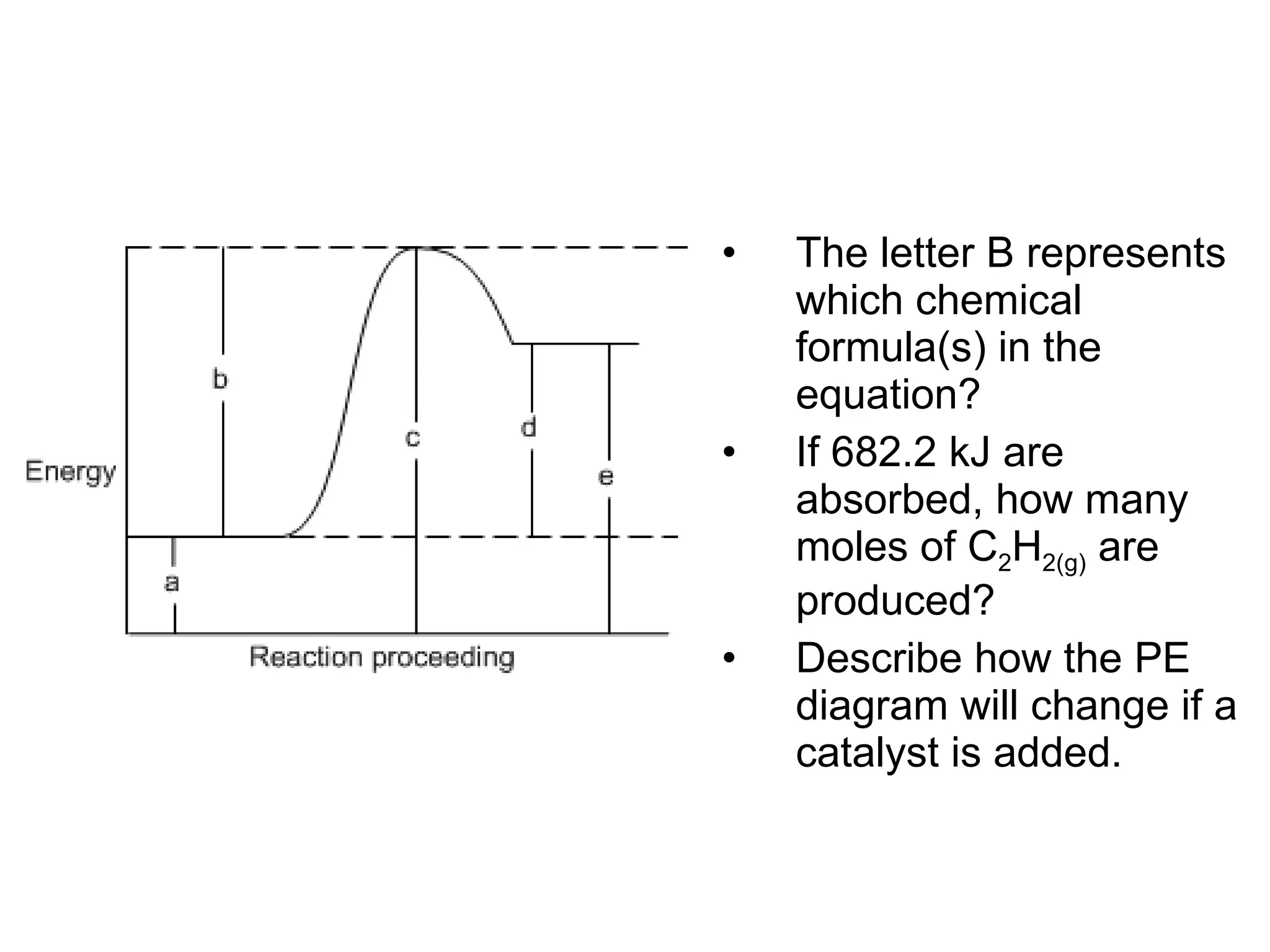 The letter B represents which chemical formula(s) in the equation? If 682.2 kJ are absorbed, how many moles of C 2 H 2(g)  are produced? Describe how the PE diagram will change if a catalyst is added. 