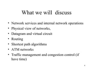 What we will  discuss Network services and internal network operations Physical view of networks, Datagram and virtual circuit Routing Shortest path algorithms ATM networks Traffic management and congestion control (if have time) 