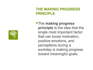 THE MAKING PROGRESS
PRINCIPLE
The making progress
principle is the idea that the
single most important factor
that can boost motivation,
positive emotions, and
perceptions during a
workday is making progress
toward meaningful goals.
 