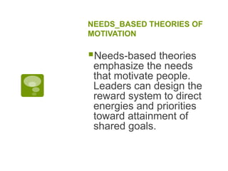 NEEDS_BASED THEORIES OF
MOTIVATION
Needs-based theories
emphasize the needs
that motivate people.
Leaders can design the
reward system to direct
energies and priorities
toward attainment of
shared goals.
 