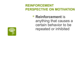 REINFORCEMENT
PERSPECTIVE ON MOTIVATION
 Reinforcement is
anything that causes a
certain behavior to be
repeated or inhibited
 