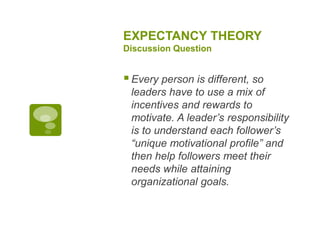 EXPECTANCY THEORY
Discussion Question
Every person is different, so
leaders have to use a mix of
incentives and rewards to
motivate. A leader’s responsibility
is to understand each follower’s
“unique motivational profile” and
then help followers meet their
needs while attaining
organizational goals.
 