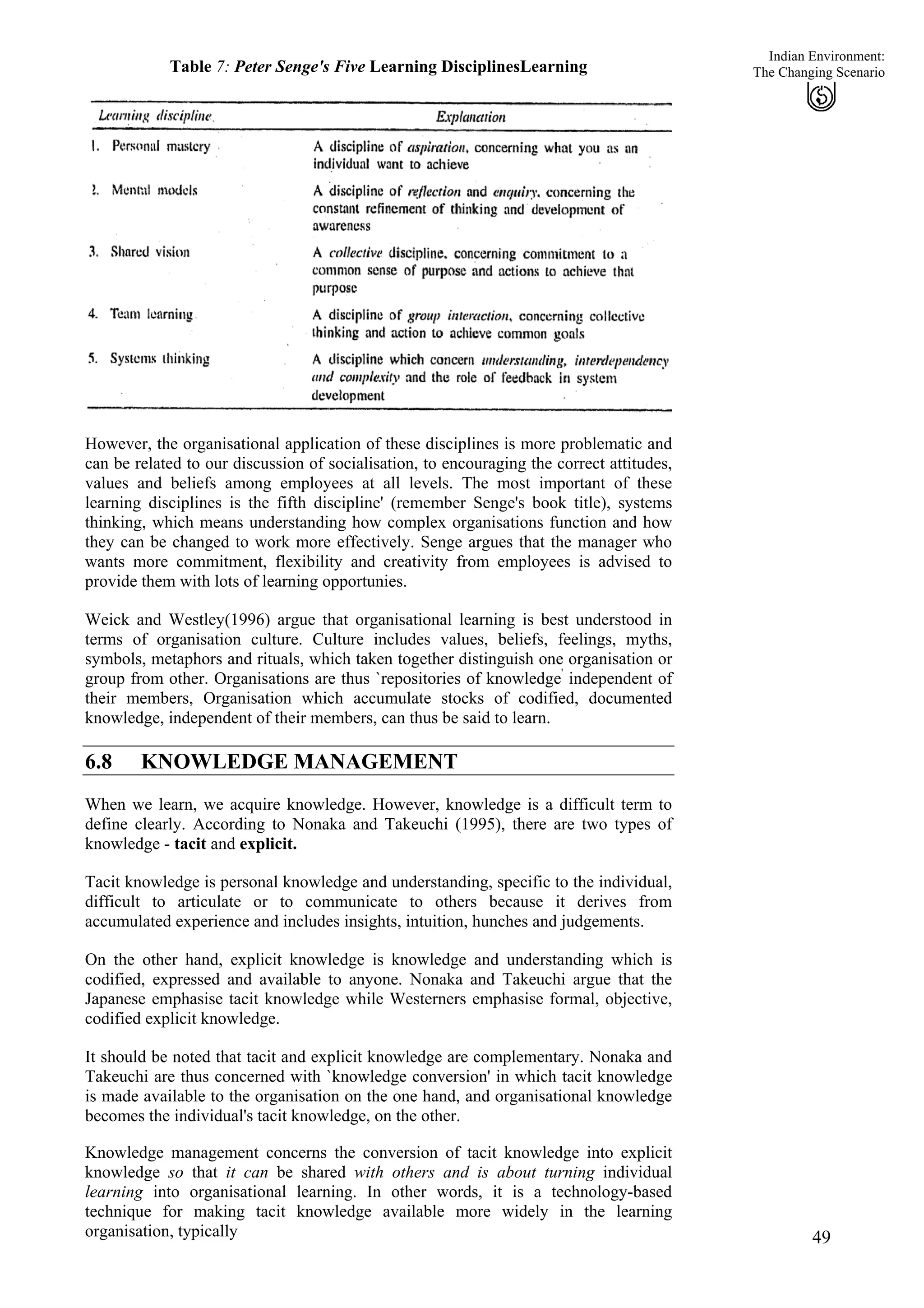 Indian Environment:
Table 7: Peter Senge's Five Learning DisciplinesLearning
49
The Changing Scenario
However, the organisational application of these disciplines is more problematic and
can be related to our discussion of socialisation, to encouraging the correct attitudes,
values and beliefs among employees at all levels. The most important of these
learning disciplines is the fifth discipline' (remember Senge's book title), systems
thinking, which means understanding how complex organisations function and how
they can be changed to work more effectively. Senge argues that the manager who
wants more commitment, flexibility and creativity from employees is advised to
provide them with lots of learning opportunies.
Weick and Westley(1996) argue that organisational learning is best understood in
terms of organisation culture. Culture includes values, beliefs, feelings, myths,
symbols, metaphors and rituals, which taken together distinguish one organisation or
group from other. Organisations are thus `repositories of knowledge'
independent of
their members, Organisation which accumulate stocks of codified, documented
knowledge, independent of their members, can thus be said to learn.
6.8 KNOWLEDGE MANAGEMENT
When we learn, we acquire knowledge. However, knowledge is a difficult term to
define clearly. According to Nonaka and Takeuchi (1995), there are two types of
knowledge - tacit and explicit.
Tacit knowledge is personal knowledge and understanding, specific to the individual,
difficult to articulate or to communicate to others because it derives from
accumulated experience and includes insights, intuition, hunches and judgements.
On the other hand, explicit knowledge is knowledge and understanding which is
codified, expressed and available to anyone. Nonaka and Takeuchi argue that the
Japanese emphasise tacit knowledge while Westerners emphasise formal, objective,
codified explicit knowledge.
It should be noted that tacit and explicit knowledge are complementary. Nonaka and
Takeuchi are thus concerned with `knowledge conversion' in which tacit knowledge
is made available to the organisation on the one hand, and organisational knowledge
becomes the individual's tacit knowledge, on the other.
Knowledge management concerns the conversion of tacit knowledge into explicit
knowledge so that it can be shared with others and is about turning individual
learning into organisational learning. In other words, it is a technology-based
technique for making tacit knowledge available more widely in the learning
organisation, typically
 