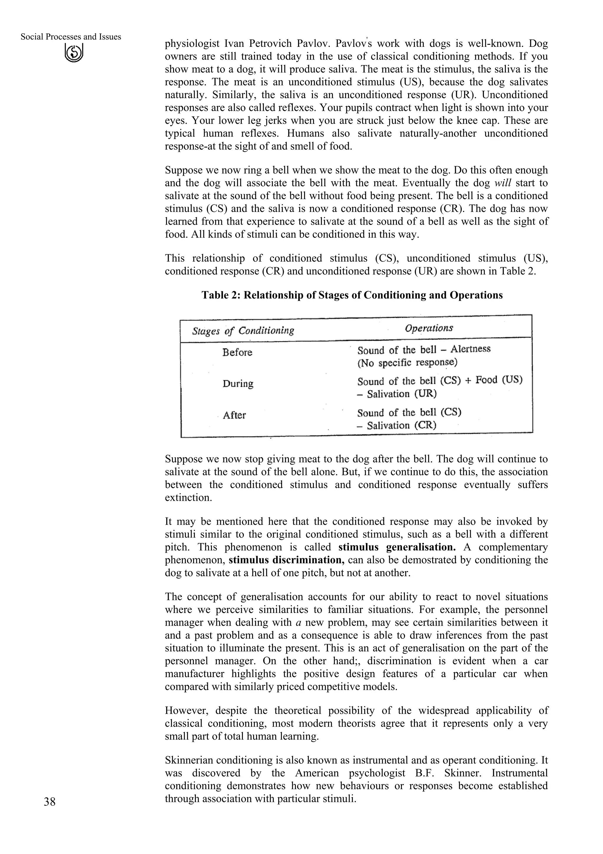 Social Processes and Issues
physiologist Ivan Petrovich Pavlov. Pavlov'
s work with dogs is well-known. Dog
owners are still trained today in the use of classical conditioning methods. If you
show meat to a dog, it will produce saliva. The meat is the stimulus, the saliva is the
response. The meat is an unconditioned stimulus (US), because the dog salivates
naturally. Similarly, the saliva is an unconditioned response (UR). Unconditioned
responses are also called reflexes. Your pupils contract when light is shown into your
eyes. Your lower leg jerks when you are struck just below the knee cap. These are
typical human reflexes. Humans also salivate naturally-another unconditioned
response-at the sight of and smell of food.
38
Suppose we now ring a bell when we show the meat to the dog. Do this often enough
and the dog will associate the bell with the meat. Eventually the dog will start to
salivate at the sound of the bell without food being present. The bell is a conditioned
stimulus (CS) and the saliva is now a conditioned response (CR). The dog has now
learned from that experience to salivate at the sound of a bell as well as the sight of
food. All kinds of stimuli can be conditioned in this way.
This relationship of conditioned stimulus (CS), unconditioned stimulus (US),
conditioned response (CR) and unconditioned response (UR) are shown in Table 2.
Table 2: Relationship of Stages of Conditioning and Operations
Suppose we now stop giving meat to the dog after the bell. The dog will continue to
salivate at the sound of the bell alone. But, if we continue to do this, the association
between the conditioned stimulus and conditioned response eventually suffers
extinction.
It may be mentioned here that the conditioned response may also be invoked by
stimuli similar to the original conditioned stimulus, such as a bell with a different
pitch. This phenomenon is called stimulus generalisation. A complementary
phenomenon, stimulus discrimination, can also be demostrated by conditioning the
dog to salivate at a hell of one pitch, but not at another.
The concept of generalisation accounts for our ability to react to novel situations
where we perceive similarities to familiar situations. For example, the personnel
manager when dealing with a new problem, may see certain similarities between it
and a past problem and as a consequence is able to draw inferences from the past
situation to illuminate the present. This is an act of generalisation on the part of the
personnel manager. On the other hand;, discrimination is evident when a car
manufacturer highlights the positive design features of a particular car when
compared with similarly priced competitive models.
However, despite the theoretical possibility of the widespread applicability of
classical conditioning, most modern theorists agree that it represents only a very
small part of total human learning.
Skinnerian conditioning is also known as instrumental and as operant conditioning. It
was discovered by the American psychologist B.F. Skinner. Instrumental
conditioning demonstrates how new behaviours or responses become established
through association with particular stimuli.
 