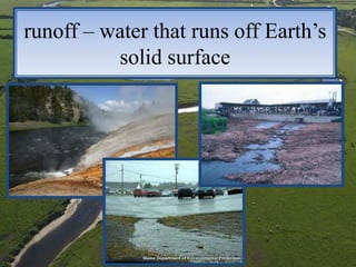 runoff – water that runs off Earth’s
          solid surface
 