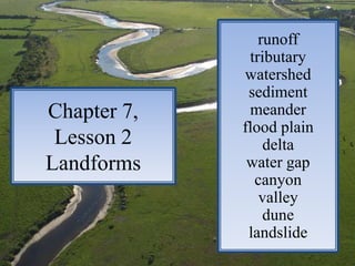 runoff
              tributary
             watershed
              sediment
Chapter 7,    meander
             flood plain
 Lesson 2        delta
Landforms     water gap
               canyon
                valley
                 dune
              landslide
 