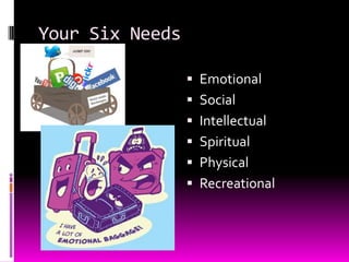 Your Six Needs
 Emotional
 Social
 Intellectual
 Spiritual
 Physical
 Recreational
 