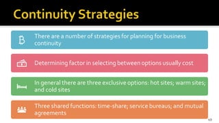 There are a number of strategies for planning for business
continuity
Determining factor in selecting between options usua...