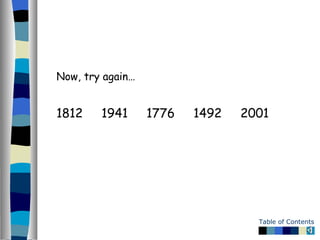 <ul><li>Now, try again… </li></ul><ul><li>1812  1941  1776  1492  2001 </li></ul>