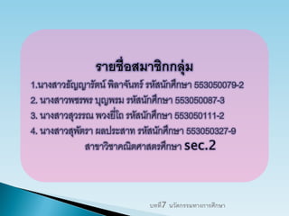 รายชื่อสมาชิกกลุ่ม
1.นางสาวธัญญารัตน์ พิลาจันทร์ รหัสนักศึกษา 553050079-2
2. นางสาวพชรพร บุญพรม รหัสนักศึกษา 553050087-3
3. นางสาวสุวรรณ พวงยี่โถ รหัสนักศึกษา 553050111-2
4. นางสาวสุพัตรา ผลประสาท รหัสนักศึกษา 553050327-9
สาขาวิชาคณิตศาสตรศึกษา sec.2
บทที่7 นวัตกรรมทางการศึกษา
 
