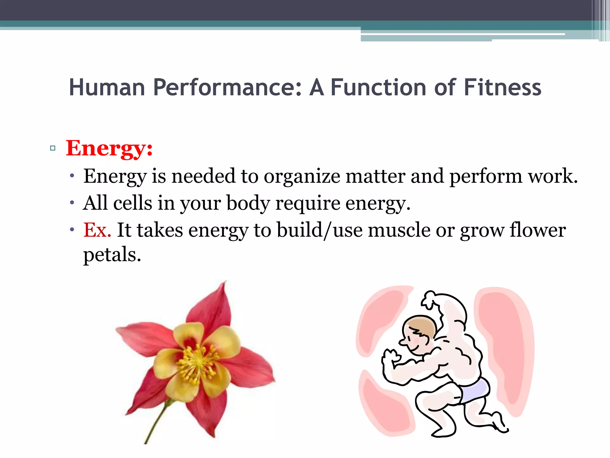 Human Performance: A Function of Fitness

▫ Energy:
  Energy is needed to organize matter and perform work.
  All cells in your body require energy.
  Ex. It takes energy to build/use muscle or grow flower
   petals.
 